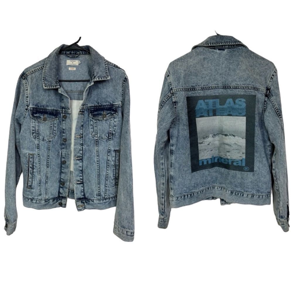 Topman Back Atlas Mineral Graphic Print Jean Denim Jacket Light Blue Wash S